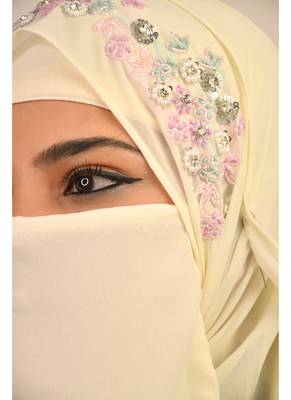 Cream luxury bridal wedding wear hijab scarf   with handwork naqab 4
