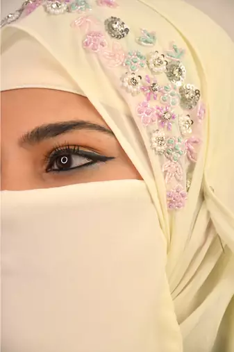 Cream luxury bridal wedding wear hijab scarf   with handwork naqab