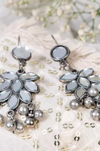 Oxidized silver mirror earrings afghani indian traditional boho style for women german silver earrings gift for her