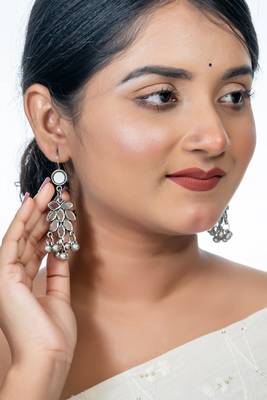 Oxidized silver mirror earrings afghani indian traditional boho style for women german silver earrings gift for her 3