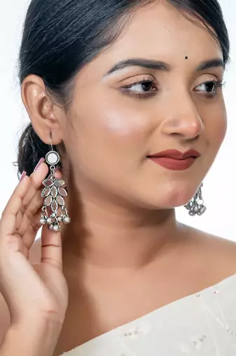 Oxidized silver mirror earrings afghani indian traditional boho style for women german silver earrings gift for her