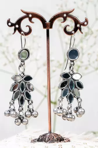 Oxidized silver mirror earrings afghani indian traditional boho style for women german silver earrings gift for her