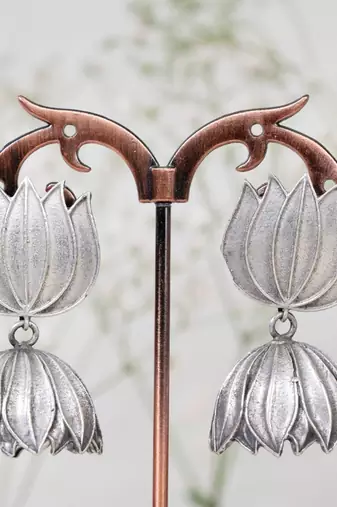 Antique silver lotus jhumka earrings oxidized jhumka jhumki pearl drop indian earrings oxidized silver jewelry gifts