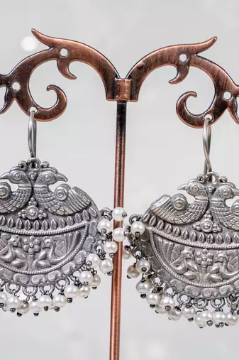 Handcrafted silver stud earrings german earrings oxidised indian ethnic antique earrings with pearls