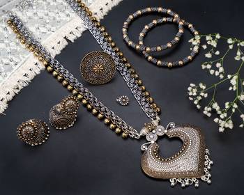 Indian oxidised jewelry set of 6 silver gold long necklace set ethnic temple jewelry gift for her 1