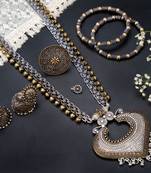 Indian oxidised jewelry set of 6 silver gold long necklace set ethnic temple jewelry gift for her