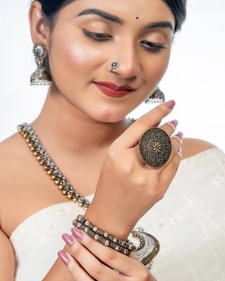 Indian oxidised jewelry set of 6 silver gold long necklace set ethnic temple jewelry gift for her 2