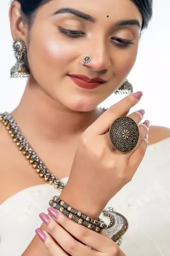 Indian oxidised jewelry set of 6 silver gold long necklace set ethnic temple jewelry gift for her