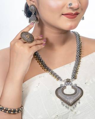 Indian oxidised jewelry set of 6 silver gold long necklace set ethnic temple jewelry gift for her 3
