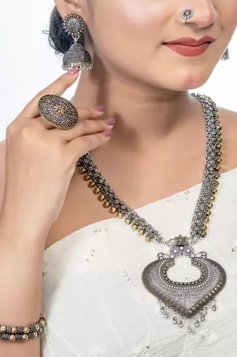 Indian oxidised jewelry set of 6 silver gold long necklace set ethnic temple jewelry gift for her