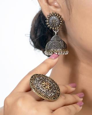 Indian oxidised jewelry set of 6 silver gold long necklace set ethnic temple jewelry gift for her 4