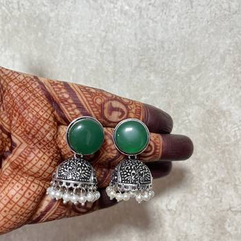 Limited edition big green traditional jhumka earring elegant unique indian & pakistani jewelry handmade silver jhumki 1