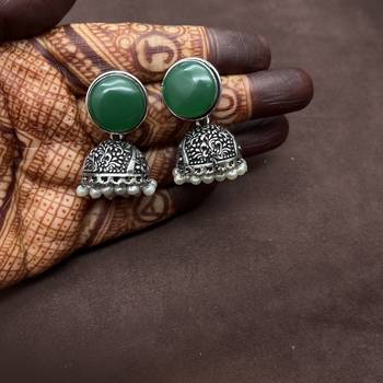 Limited edition big green traditional jhumka earring elegant unique indian & pakistani jewelry handmade silver jhumki 3
