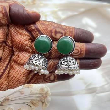 Limited edition big green traditional jhumka earring elegant unique indian & pakistani jewelry handmade silver jhumki 4