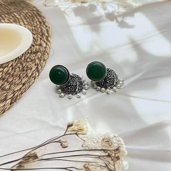 Limited edition big green traditional jhumka earring elegant unique indian & pakistani jewelry handmade silver jhumki 5