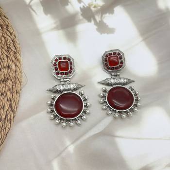 Dainty red long oxidised artificial stone earrings indian designer silver look alike traditional wedding partywear 1