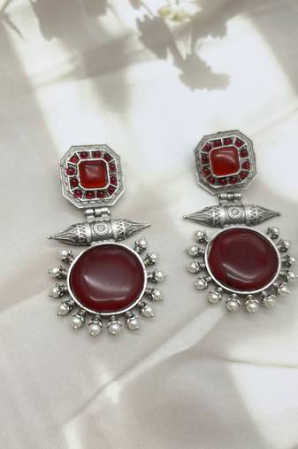 Dainty red long oxidised artificial stone earrings indian designer silver look alike traditional wedding partywear