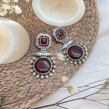 Dainty red long oxidised artificial stone earrings indian designer silver look alike traditional wedding partywear 2