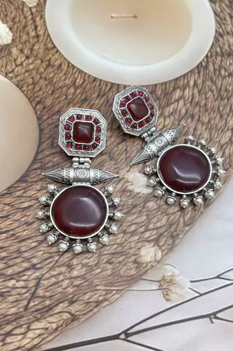 Dainty red long oxidised artificial stone earrings indian designer silver look alike traditional wedding partywear