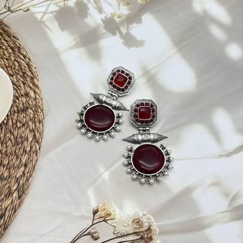 Dainty red long oxidised artificial stone earrings indian designer silver look alike traditional wedding partywear 3