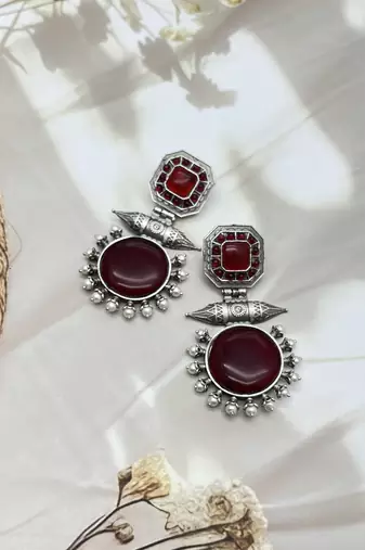 Dainty red long oxidised artificial stone earrings indian designer silver look alike traditional wedding partywear