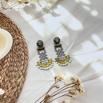 Dual tone long dangler earrings silver gold oxidized handmade long ethnic indian traditional with pearl 1