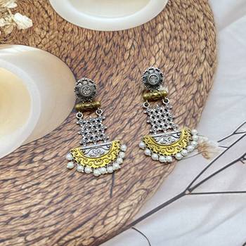 Dual tone long dangler earrings silver gold oxidized handmade long ethnic indian traditional with pearl 2