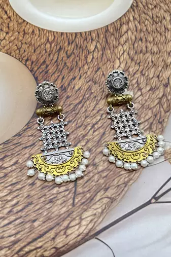 Dual tone long dangler earrings silver gold oxidized handmade long ethnic indian traditional with pearl