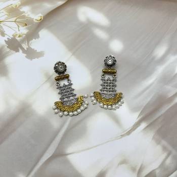 Dual tone long dangler earrings silver gold oxidized handmade long ethnic indian traditional with pearl 3