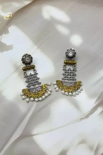 Dual tone long dangler earrings silver gold oxidized handmade long ethnic indian traditional with pearl