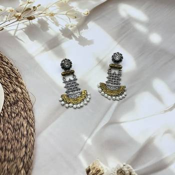 Dual tone long dangler earrings silver gold oxidized handmade long ethnic indian traditional with pearl 4