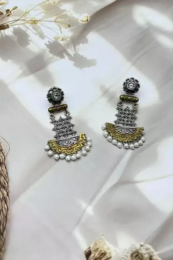 Dual tone long dangler earrings silver gold oxidized handmade long ethnic indian traditional with pearl