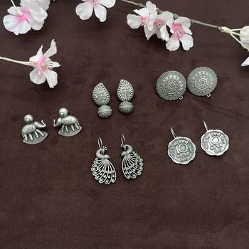 Indian oxidised silver stud earrings combo of 5 pairs german silver indian ethnic earrings indian coin studs 1