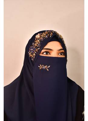 Blue luxury bridal wedding wear hijab scarf   with handwork naqab 1