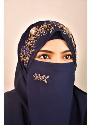 Blue luxury bridal wedding wear hijab scarf   with handwork naqab 2