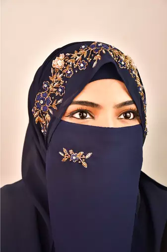 Blue luxury bridal wedding wear hijab scarf   with handwork naqab