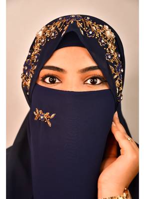 Blue luxury bridal wedding wear hijab scarf   with handwork naqab 3