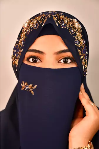 Blue luxury bridal wedding wear hijab scarf   with handwork naqab
