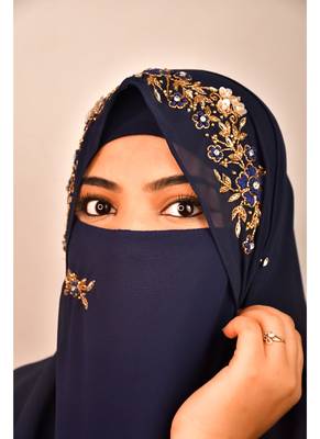 Blue luxury bridal wedding wear hijab scarf   with handwork naqab 4