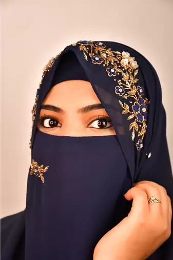 Blue luxury bridal wedding wear hijab scarf   with handwork naqab