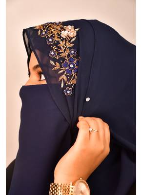 Blue luxury bridal wedding wear hijab scarf   with handwork naqab 5