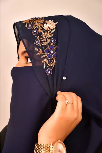 Blue luxury bridal wedding wear hijab scarf   with handwork naqab