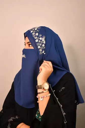 Blue luxury bridal wedding wear hijab scarf   with handwork naqab