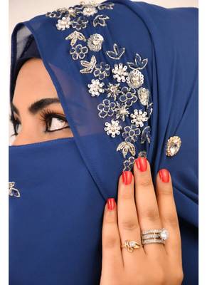 Blue luxury bridal wedding wear hijab scarf   with handwork naqab 1