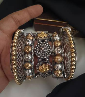 Hot selling dual tone kada bangles set of 5 oxidised indian gold silver plated hand bracelet openable broad bracelet 1