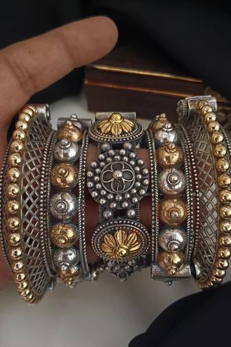 Hot selling dual tone kada bangles set of 5 oxidised indian gold silver plated hand bracelet openable broad bracelet