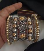 Hot selling dual tone kada bangles set of 5 oxidised indian gold silver plated hand bracelet openable broad bracelet