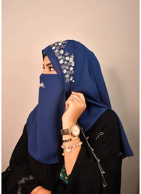 Blue luxury bridal wedding wear hijab scarf   with handwork naqab 3
