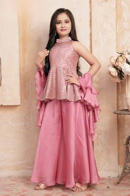 Girls embroidered kurta palazzos & dupatta set 1