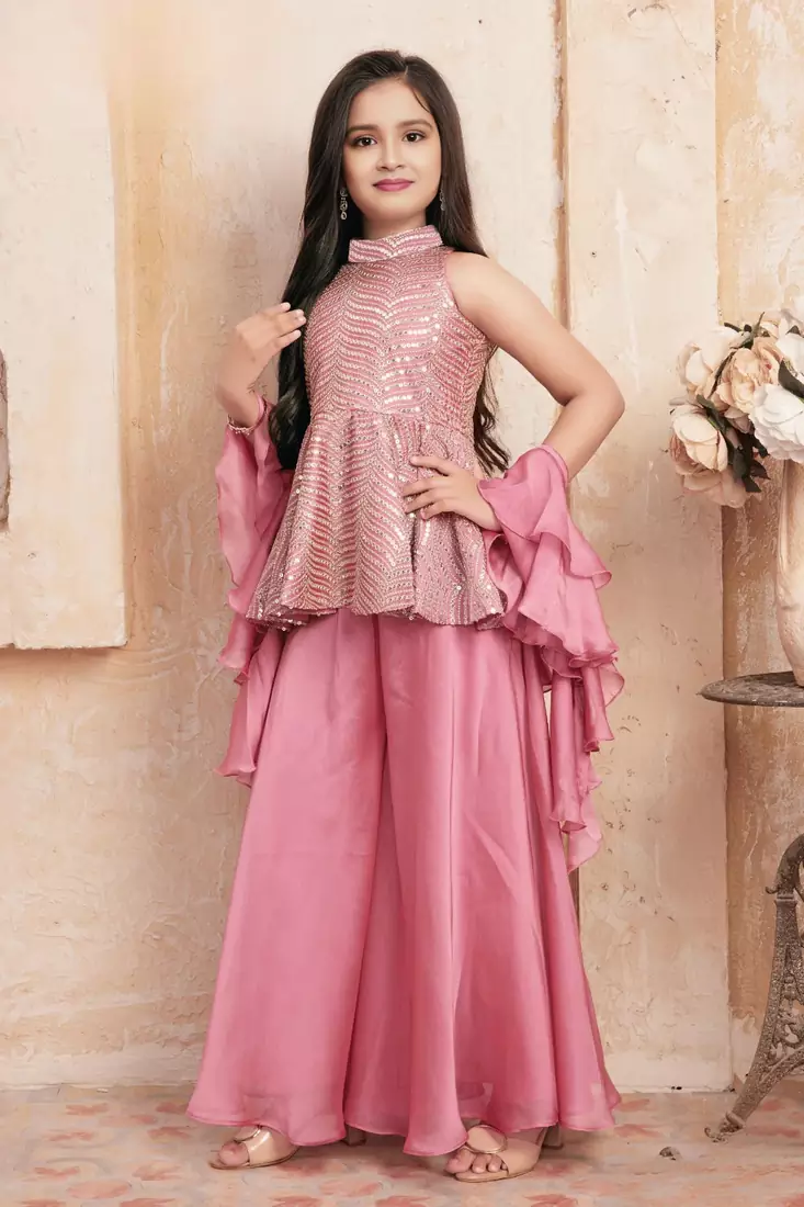 Girls embroidered kurta palazzos & dupatta set